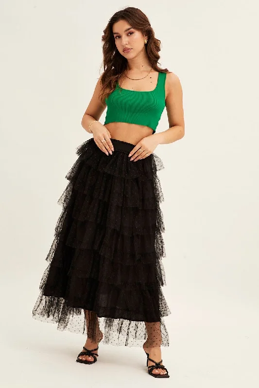 Flared Short Skirts for Flirty -Black Midi Skirt Tulle Elastic Waist Mesh