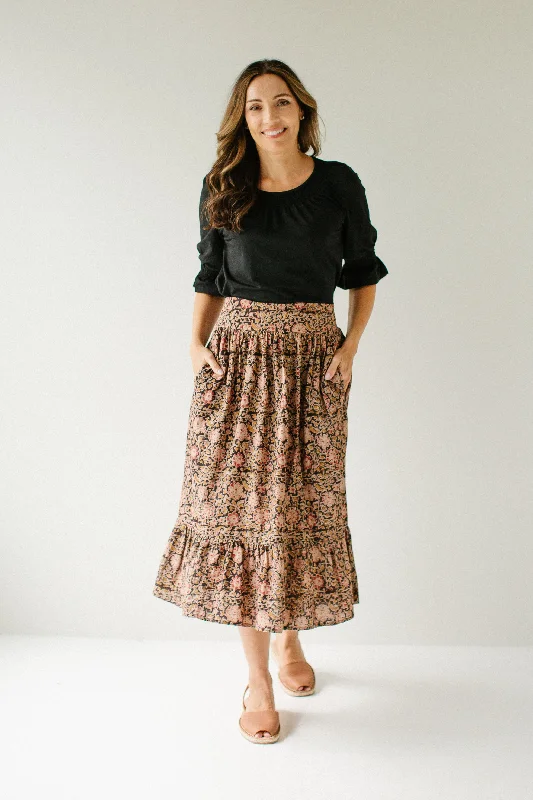 Durable cotton skirts for tough daily use -'Maya' Fair Trade Cotton Multi Print Midi Skirt in Black