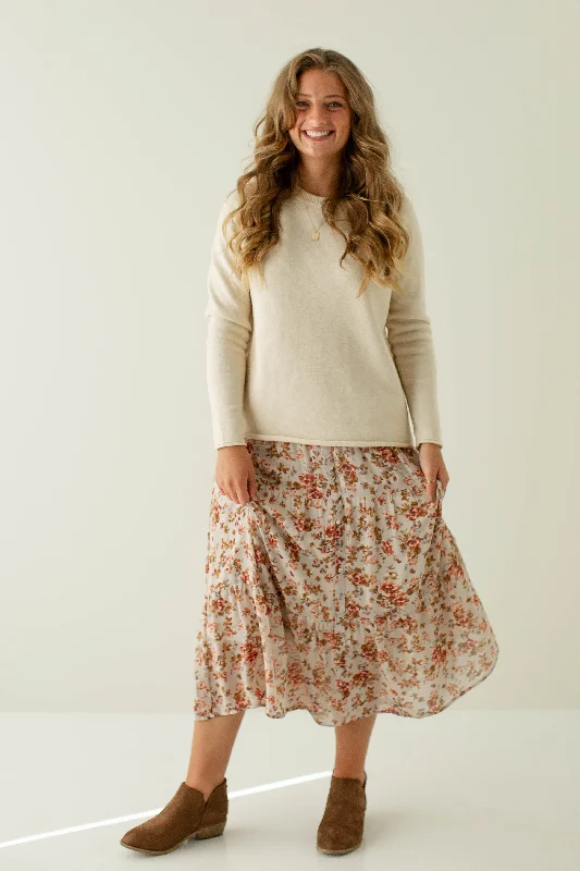 Affordable skirts with basic solid colors -'Meredith' Floral Print Button Detail Midi Skirt in Light Taupe