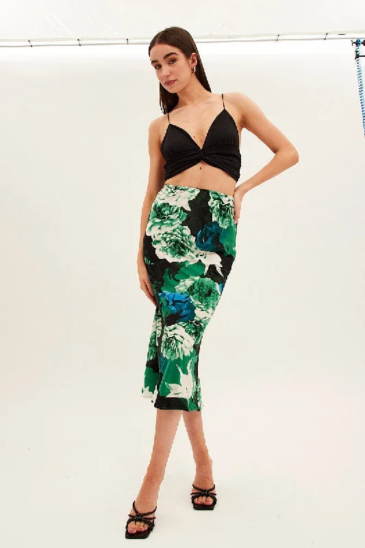 Green Long Skirts for Nature -Green Floral Slip Skirt Midi Floral Satin