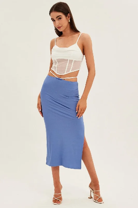 Modern Long Skirts for Trendy -Blue Midi Skirt Bodycon Tie Contrast Ribbed