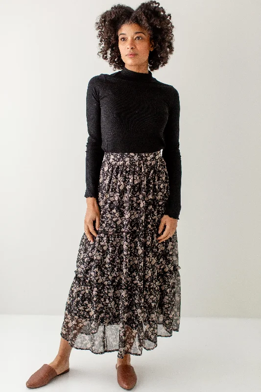 Lightweight cotton skirts for summer ease -'Duette' Ruffle Hem Floral Chiffon Midi Skirt