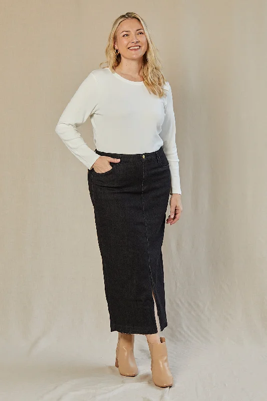 Maxi Long Skirts for Elegance -Adrift Denim Long Split Skirt in Black