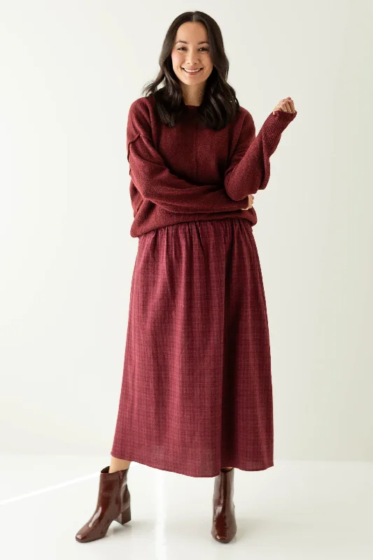 Stretch skirts for curvy figure flattery -'Dorothy' Monochrome Plaid Midi Skirt in Wine