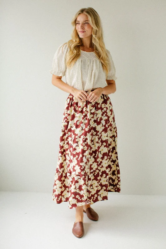 Classic skirts with simple clean lines -'Judith' Flower Print Tiered Midi Skirt in Burgundy