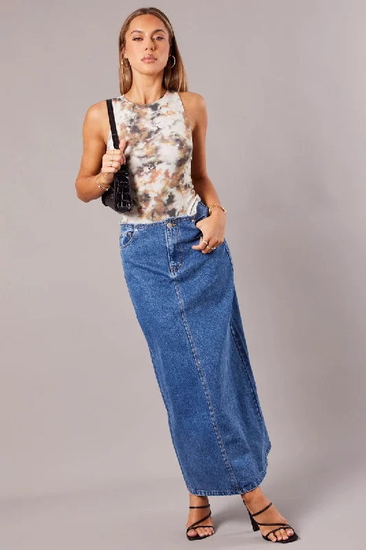 Geometric Long Skirts for Modern -Denim Maxi Skirt High Rise A-line Raw Edge Denim