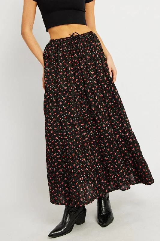 Wool Long Skirts for Warmth -Black Ditsy Maxi Skirt Tiered High Rise