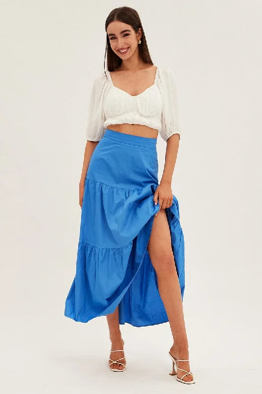 Retro Long Skirts for Throwback -Blue Maxi Skirt High Rise Tiered