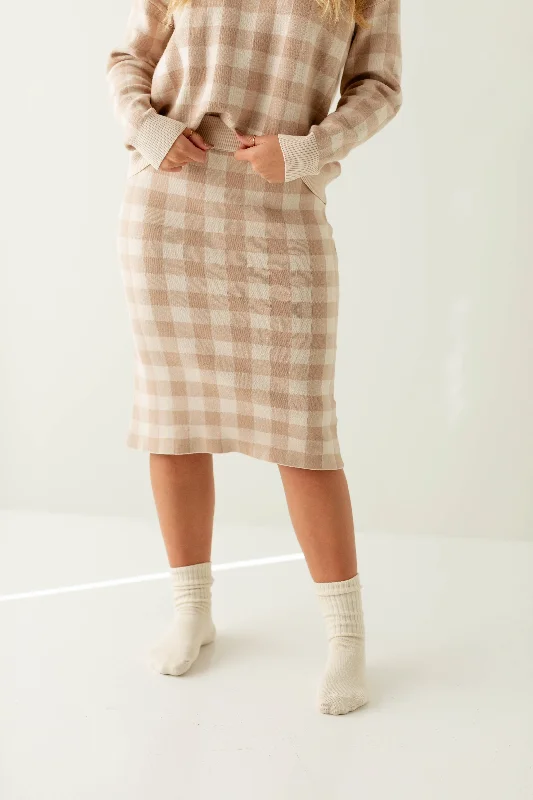 Flowy chiffon skirts for romantic summer days -'Millie' Gingham Print Sweater Skirt in Oatmeal/Taupe