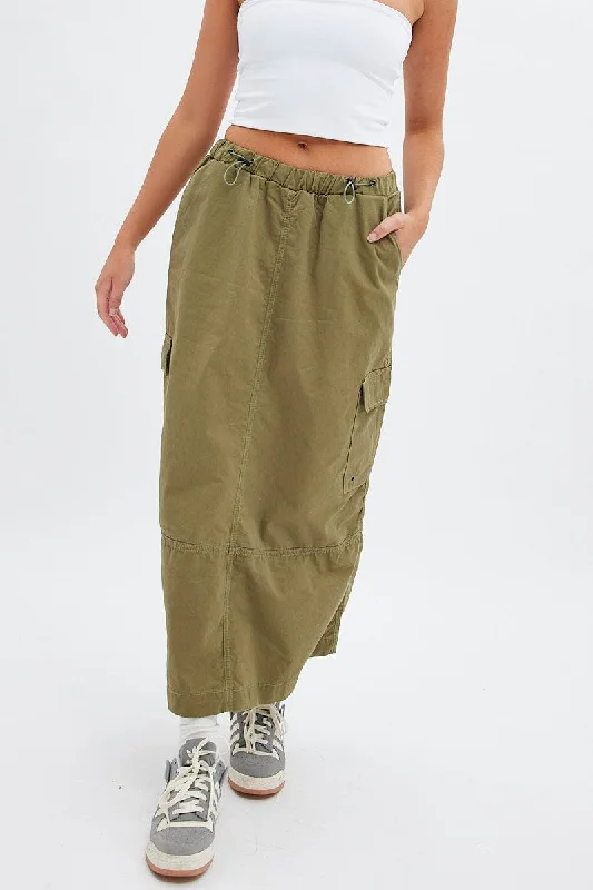 Long Skirts for Business Meeting -Green Maxi Skirt Low Rise Cargo Parachute