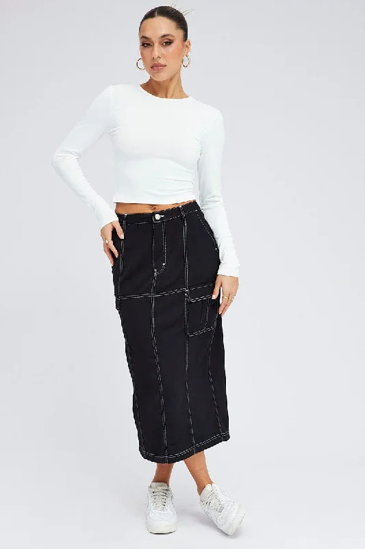 Cotton Short Skirts for Comfort -Black Cargo Skirt Mid Rise Contrast Detail Utility