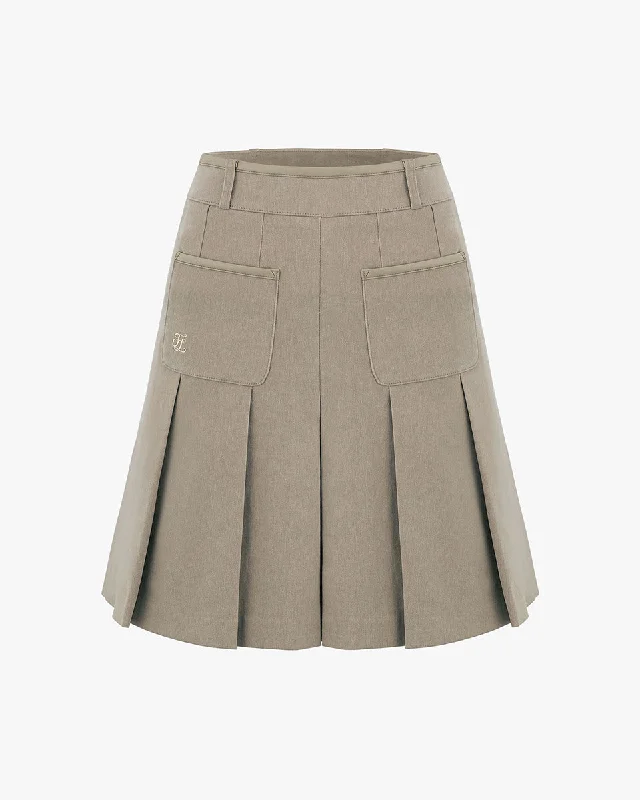 Patterned skirts with bold stripe accents -Two Pocket Pleats Fleece Skirt - Beige