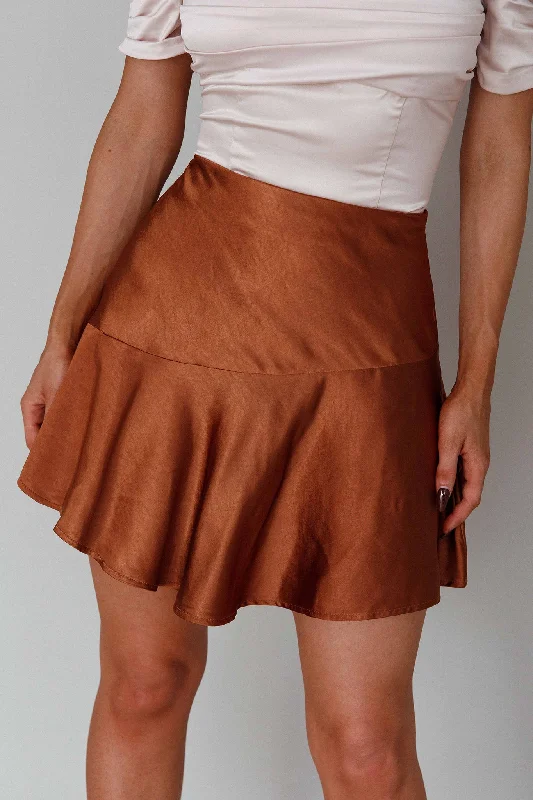 Luxury satin skirts for evening event elegance -Gwyneth Flounce Mini Skirt Chocolate