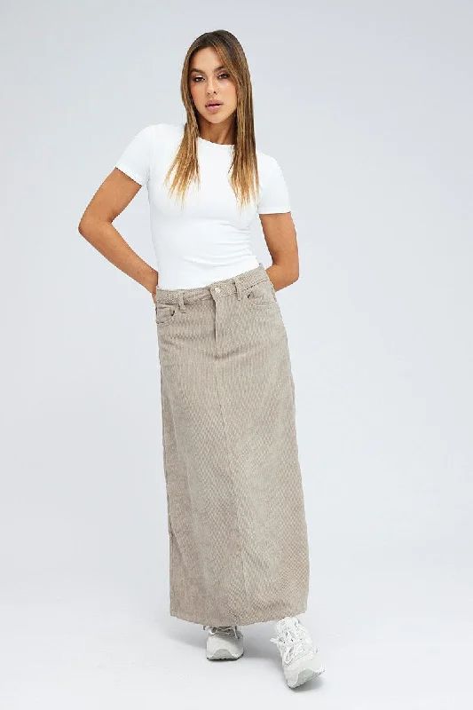 Long Skirts for Formal Occasions -Grey Maxi Skirt High Rise A-line Corduroy