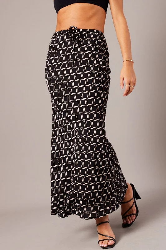 Low-waisted Long Skirts for Relaxed -Black Geo Slip Skirt Maxi Drawstring Waist