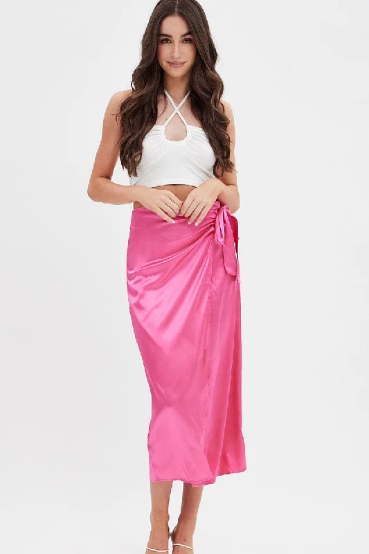 Long Skirts for Travel Adventures -Pink Twist Midi Skirt