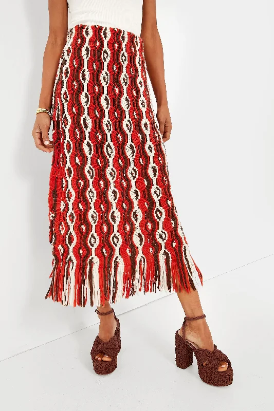 Lightweight skirts for warm season chic -Red Drew Macrame Knit Skirt with Fringe