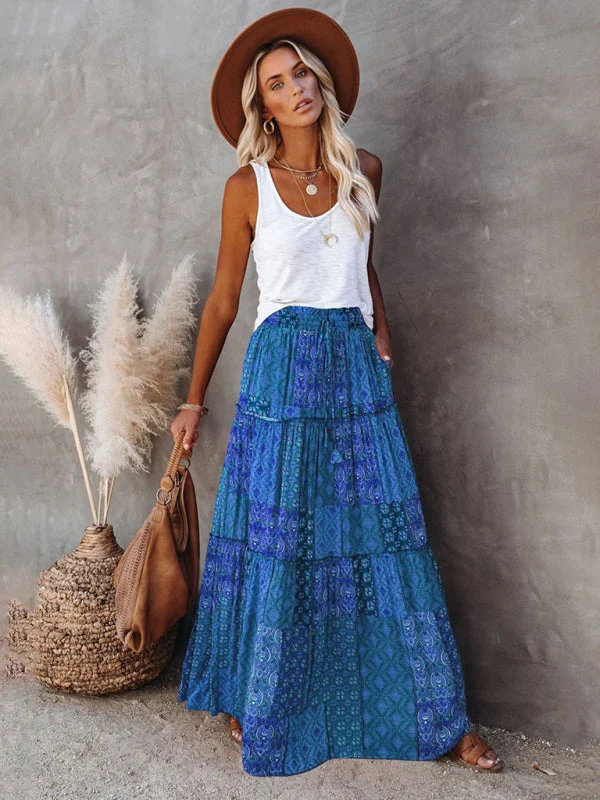 Trendy skirts with bold plaid patterns -Women's Bohemian Style Maxi Skirt