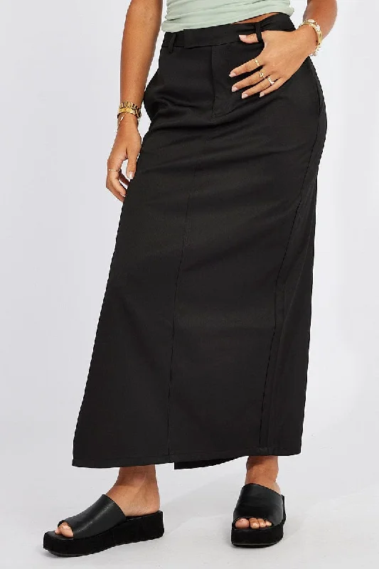 Long Skirts for Evening Galas -Black Mid Skirt Side Split High Rise