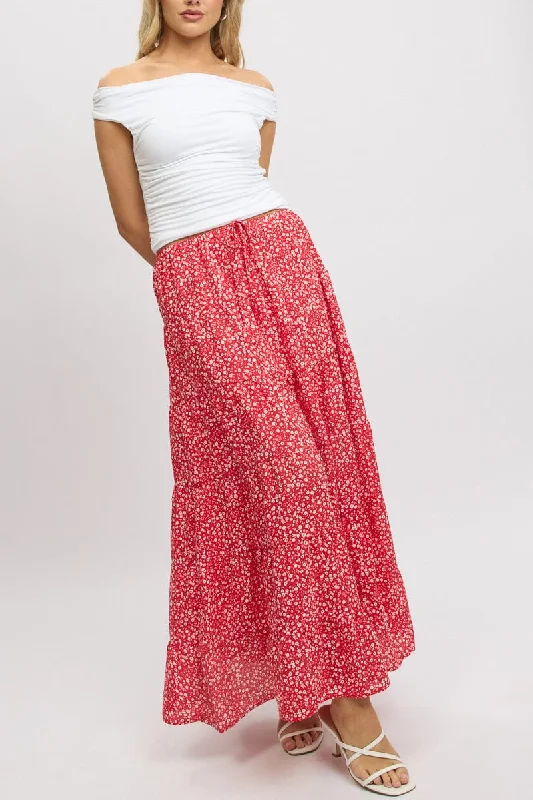 Skort Short Skirts for Practical -Red Ditsy Maxi Skirt Tiered High Rise