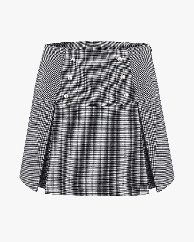 Soft skirts with gentle fabric drape -High waist button decorated pleated skirt - Checkered