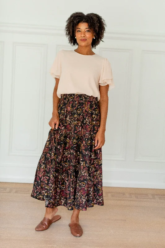 Casual skirts for effortless everyday wear -'Sylvia' Muted Satin Multi Floral Midi Skirt in Black