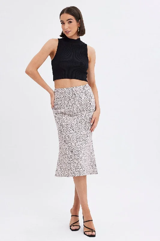 Striped Long Skirts for Style -Beige Animal Print Slip Skirt Midi