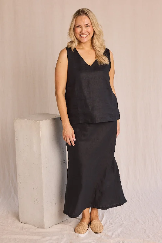 A-line Long Skirts for Flattering -Katie Bias Cut Linen Skirt in Black