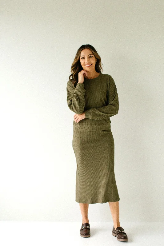 A-line skirts for classic wardrobe essentials -'Grove' Ribbed Midi Skirt in Olive