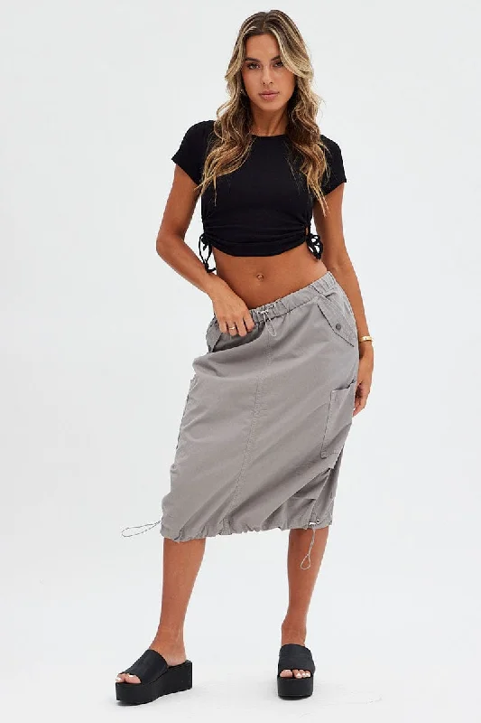 Printed Long Skirts with Patterns -Grey Midi Skirt Mid Rise Cargo Drawstring Elastic Waist