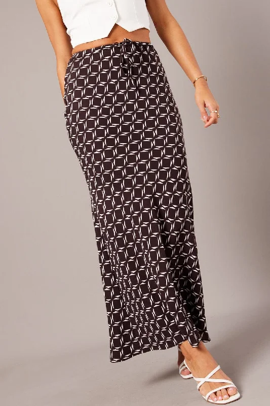 Printed Long Skirts with Patterns -Brown Geo Slip Skirt Maxi Drawstring Waist