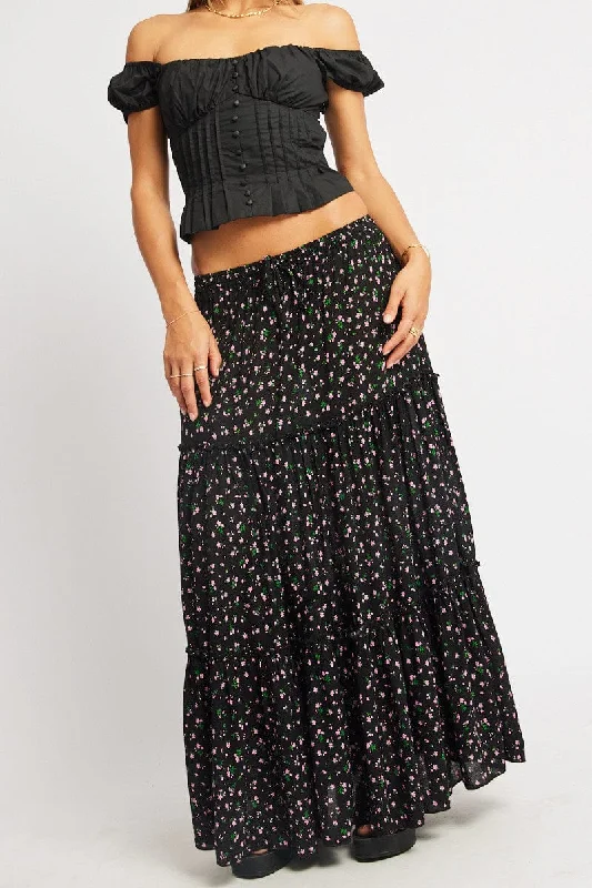 Striped Short Skirts for Style -Black Ditsy Maxi Skirt Tiered High Rise Elastic Waistband