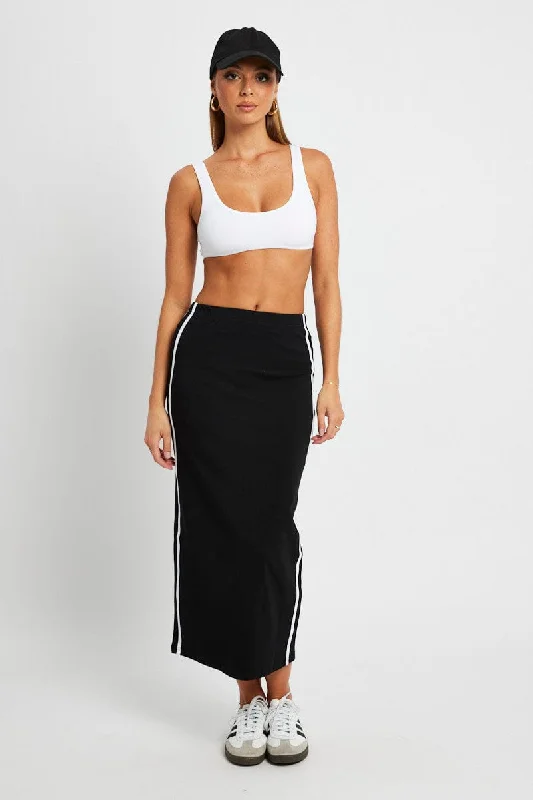 Solid Color Long Skirts for Simple -Black Midi Skirt Side Stripe