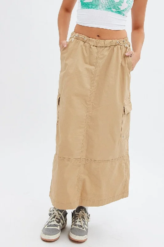 Long Skirts for Casual Outings -Beige Maxi Skirt Low Rise Cargo Parachute