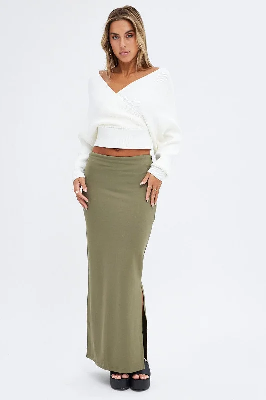 Brown Long Skirts for Earthy -Green Maxi Skirt Low Rise Ponte