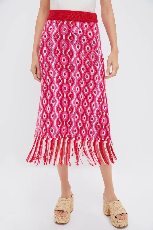 Ruffled skirts for soft romantic appeal -Red & Pink Geo Knit Mabel Midi Skirt