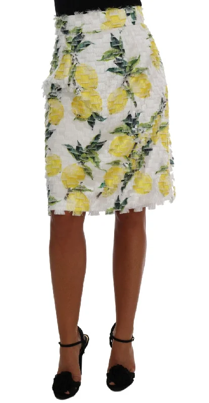 Nylon Short Skirts for Stretch -Dolce & Gabbana Lemon Print Fringe Pencil Women's Skirt