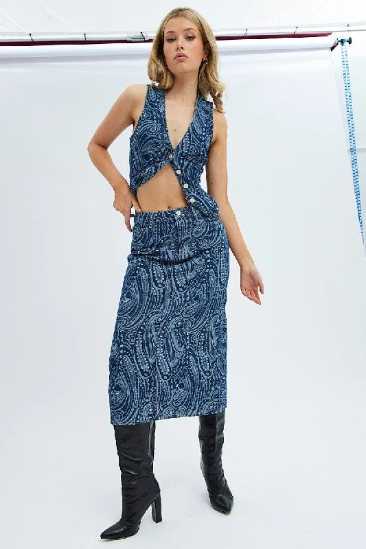 Retro Long Skirts for Throwback -Denim Midi Skirt Mid Rise Straight Fit Paisley Denim