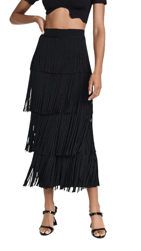 Gray Long Skirts for Subtle -Za Za Knit Fringe Skirt In Black