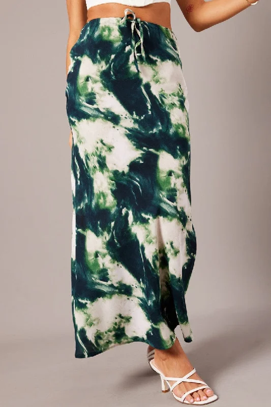 Geometric Long Skirts for Modern -Green Abstract Slip Skirt Maxi Drawstring Waist