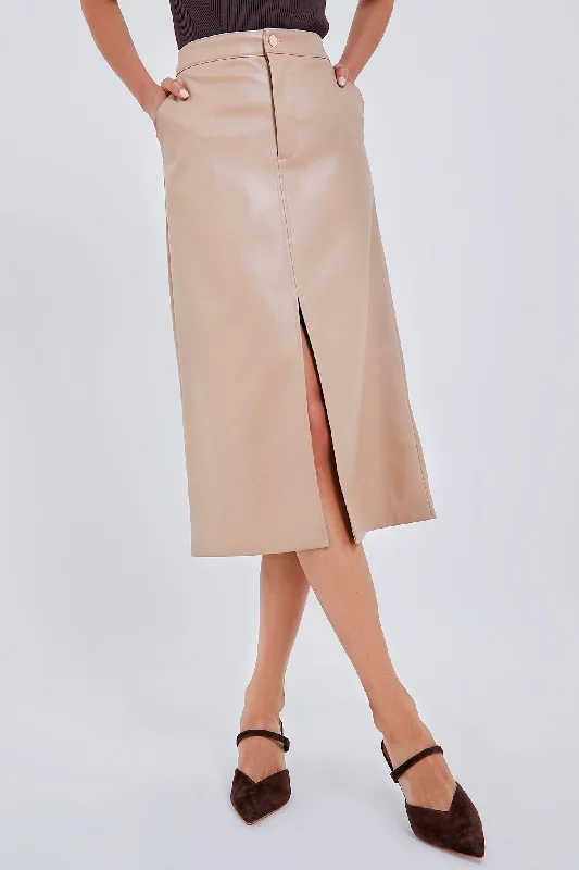 Patterned skirts with bold stripe accents -Almond Faux Leather Ingrid Midi Skirt