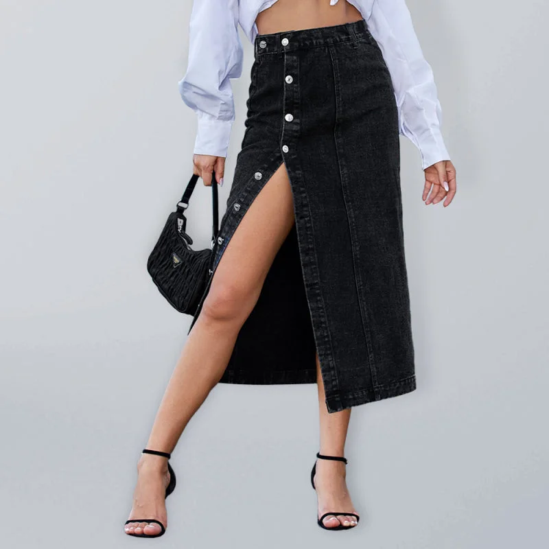 Luxury skirts with elegant silk sheen -Women's Button Irregular Split Denim High Waist Skirt