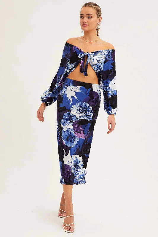 Long Skirts for Graduation -Abstract Print Slip Skirt Midi Satin