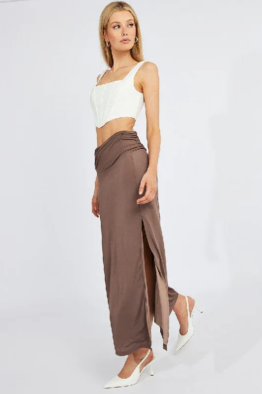 White Long Skirts for Pure -Brown Maxi Skirt Asymmetric Hem