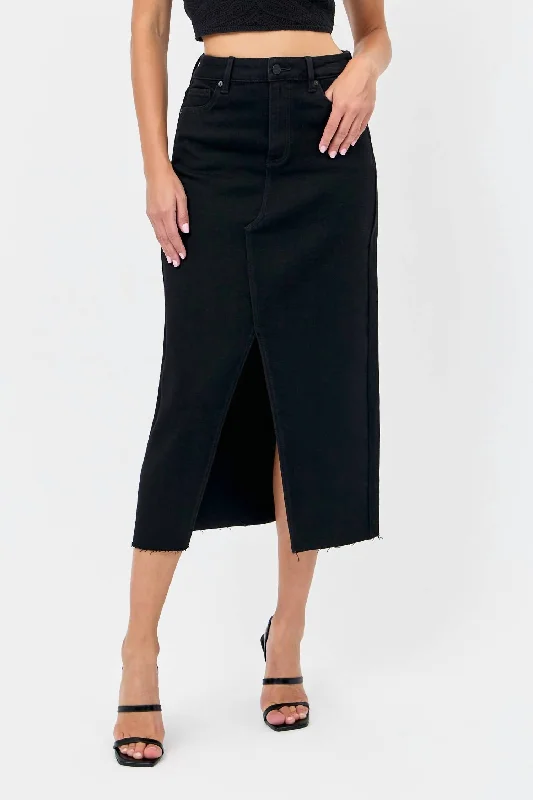 Silk Long Skirts for Luxurious -Peyton High Rise Denim Midi Skirt In Black