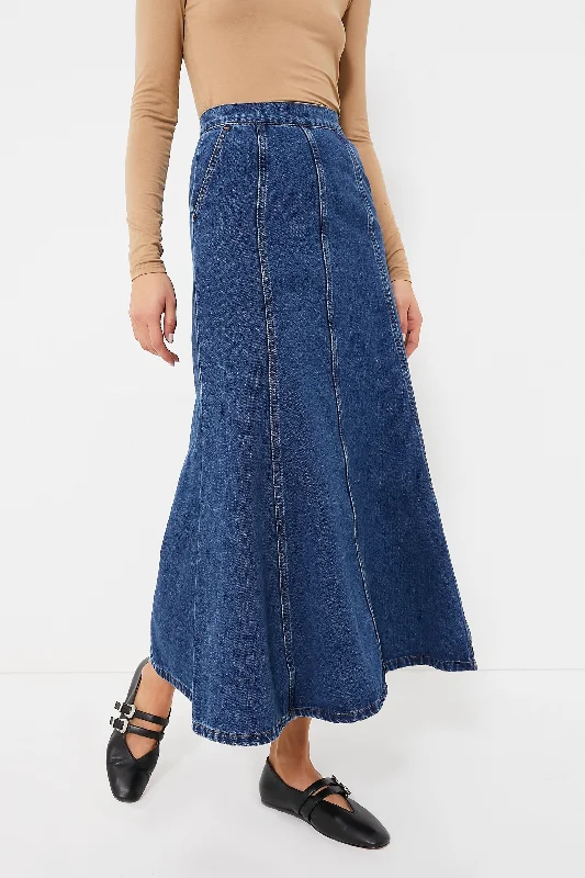 Ruffled maxi skirts for boho summer flair -Dark Wash Denim Midi Skirt