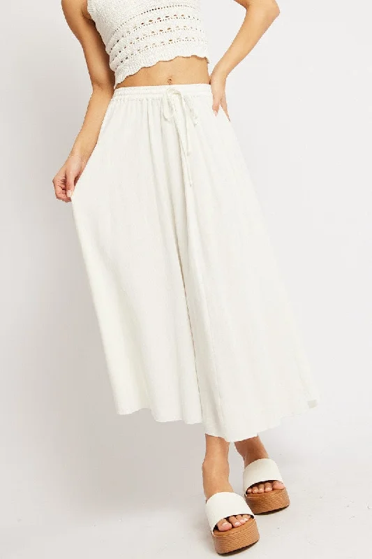 Khaki Long Skirts for Casual -White Midaxi Skirt High Rise Volume Linen Blend