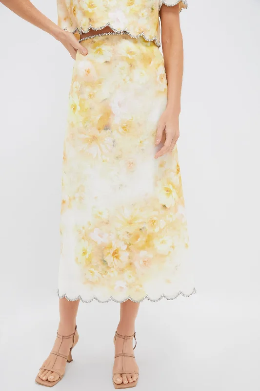 Cute mini skirts for fun party nights -Yellow Floral Crush Scalloped Midi Skirt