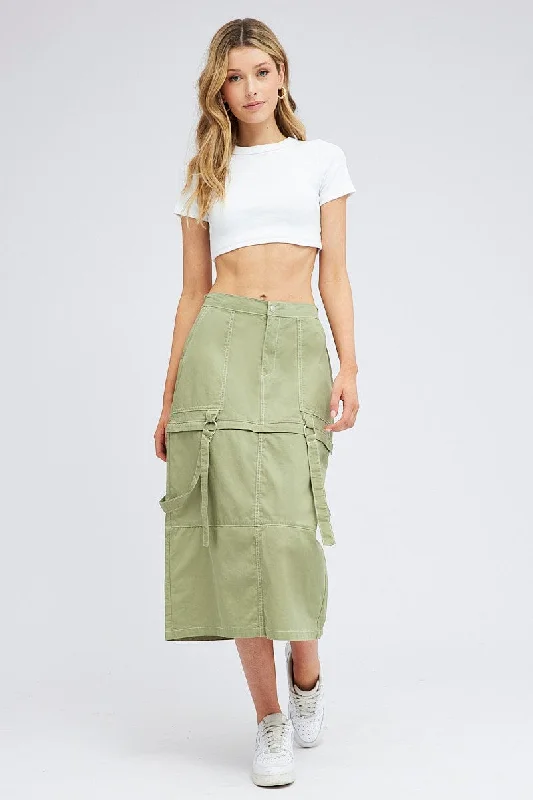 Striped Short Skirts for Style -Green Cargo Skirt High Rise Elastic Two-way Midi Mini